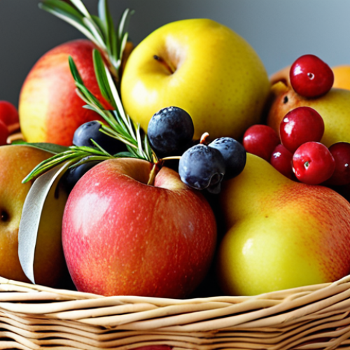 Home 4 **A Vibrant Organic Fruit Basket:** A close-up shot of a beautifully arranged organic fruit basket overflowing with colorful seasonal fruits like apples, pears, berries, and citrus. Add sprigs of rosemary and a small jar of local honey. Focus on capturing the textures and colors of the fruit, emphasizing freshness and abundance. Soft, natural lighting.