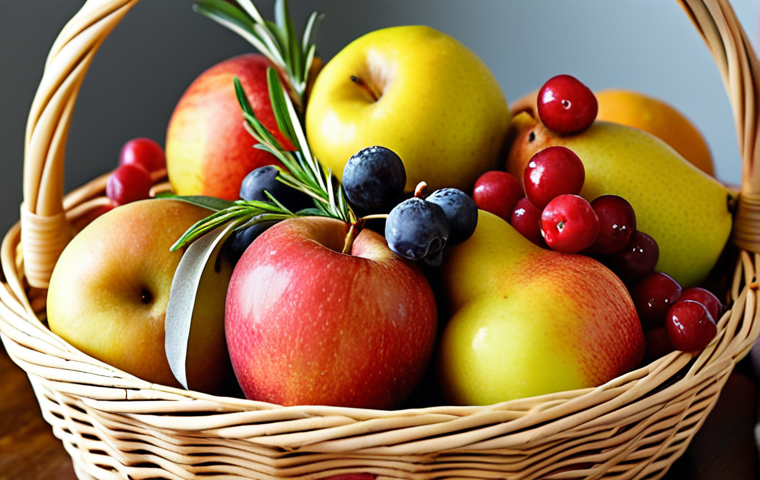 **A Vibrant Organic Fruit Basket:** A close-up shot of a beautifully arranged organic fruit basket overflowing with colorful seasonal fruits like apples, pears, berries, and citrus. Add sprigs of rosemary and a small jar of local honey. Focus on capturing the textures and colors of the fruit, emphasizing freshness and abundance. Soft, natural lighting.